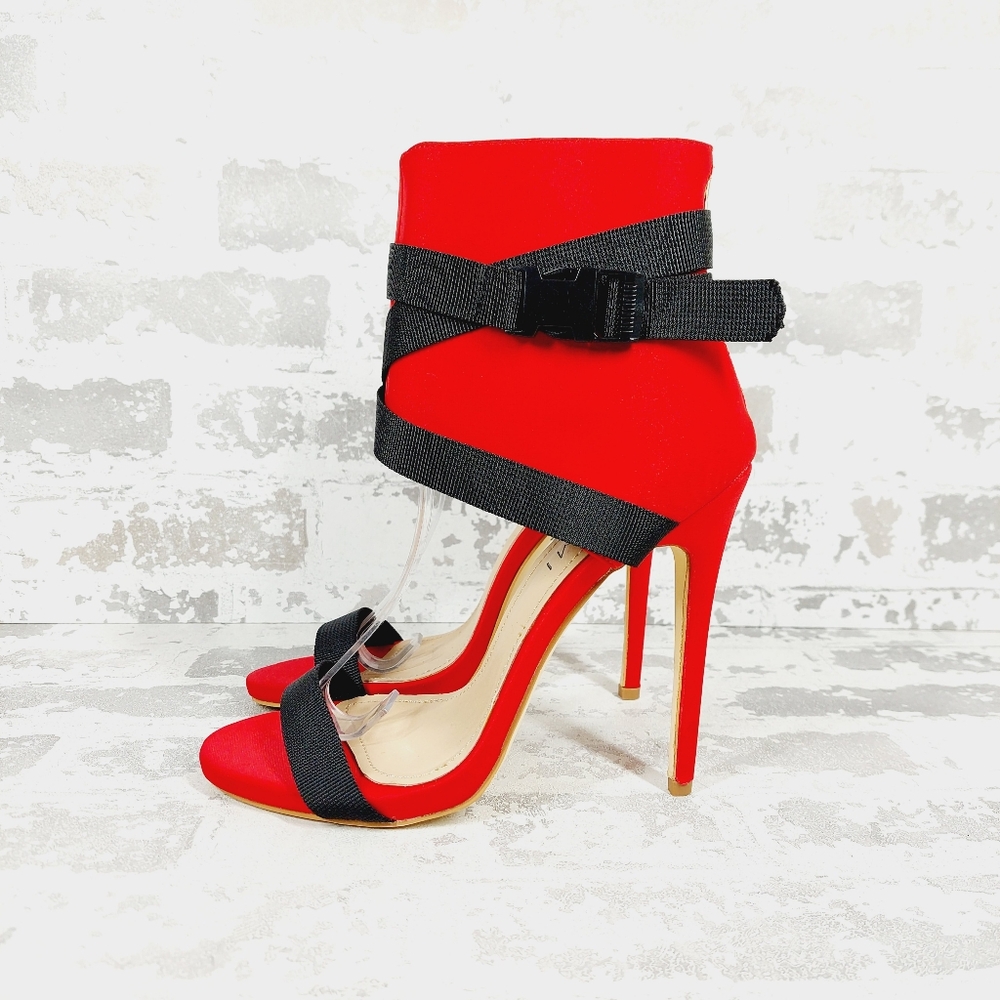 New Simmi London Jamilla Red Lycra Buckle Stiletto Heels i488